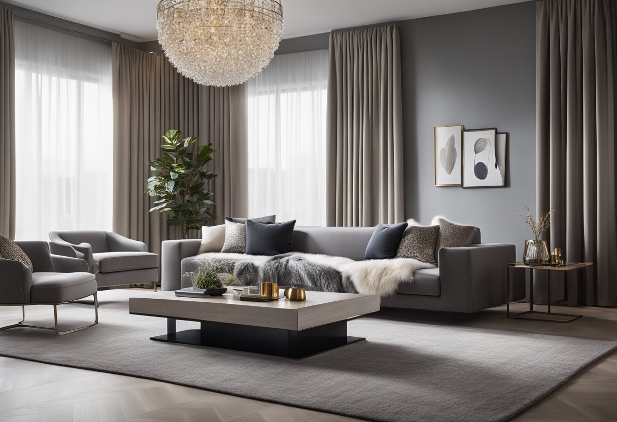 A sleek gray living room with plush pillows, elegant curtains, and metallic accents. A cozy rug and modern lighting complete the stylish, neutral space