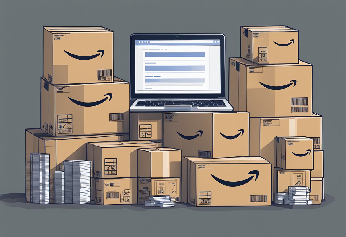 A stack of Amazon FBA boxes surrounded by shipping supplies and a laptop with sales data displayed on the screen