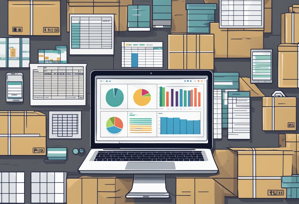 A laptop displaying a profitability spreadsheet with Amazon FBA data, surrounded by shipping boxes and product inventory