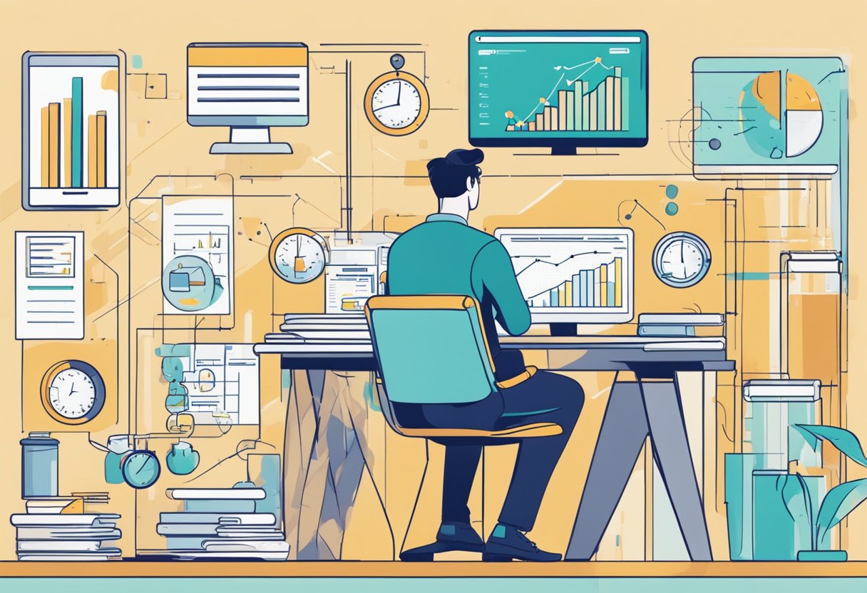 A person weighing pros and cons of Amazon FBA, surrounded by charts and graphs