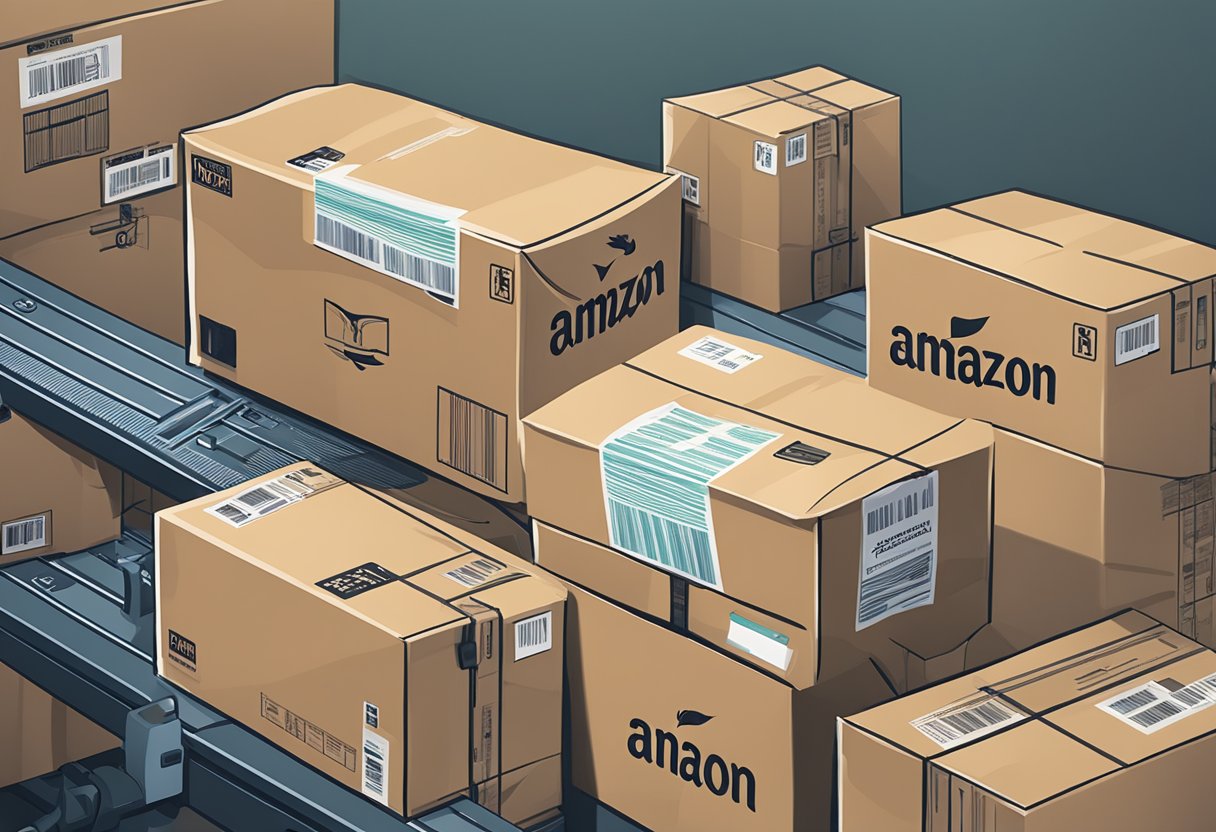 A package labeled "Advancing Beyond Amazon FBA" sits on a conveyor belt, surrounded by other Amazon FBA products