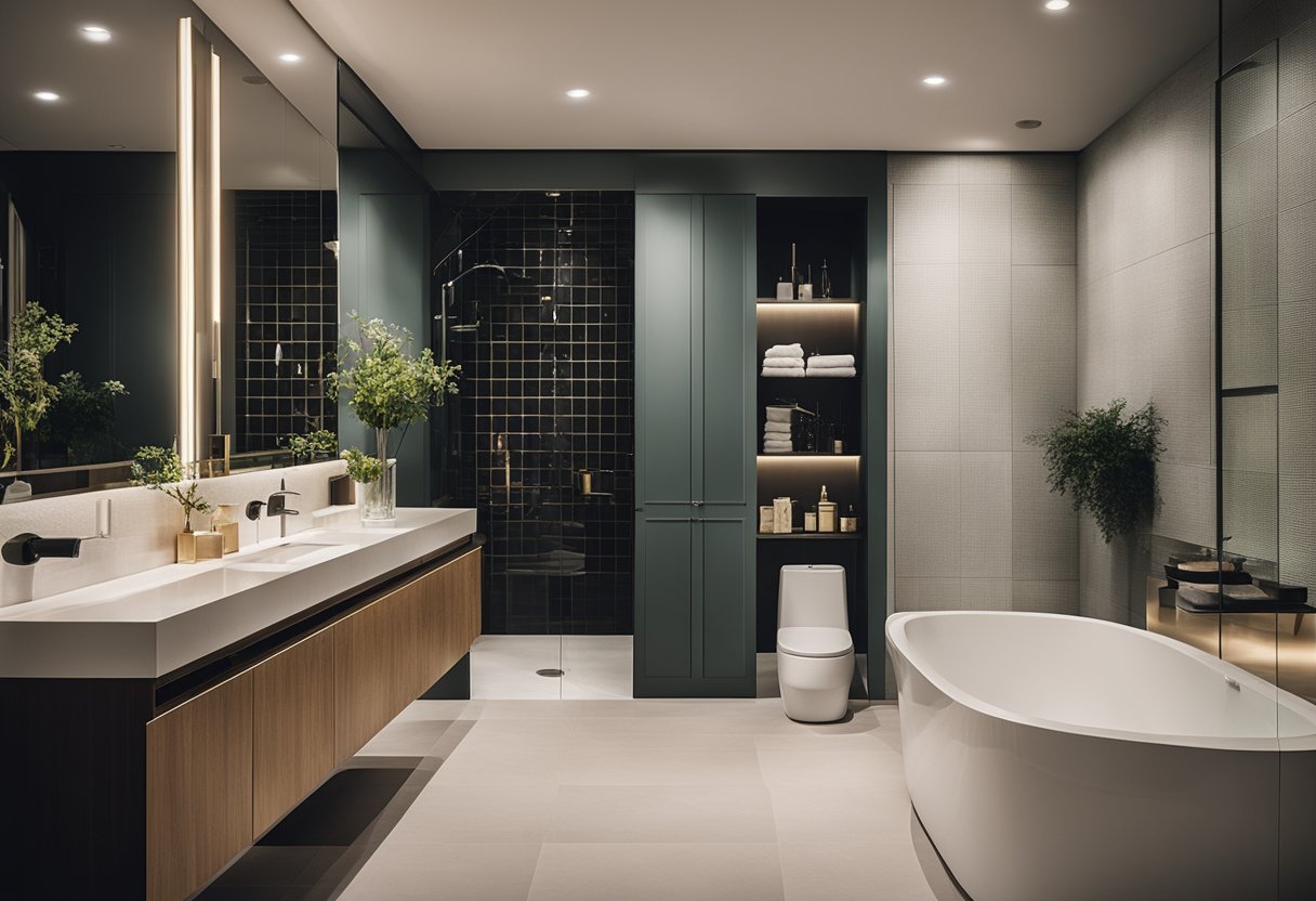 A well-lit bathroom with clean lines, featuring a balance of contrasting textures and colors, incorporating elements of symmetry and focal points