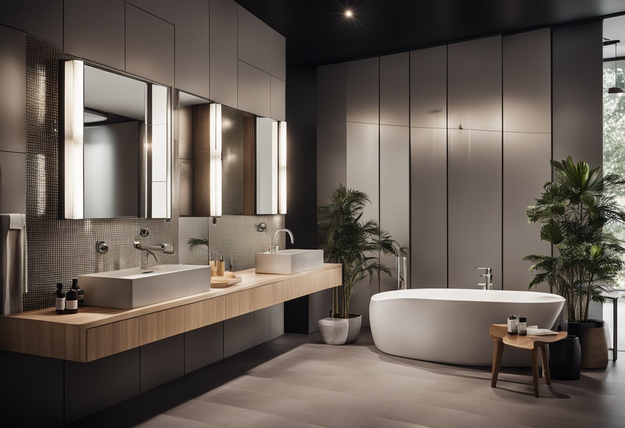 A modern bathroom with a sleek sink, mirror, and elegant light fixtures