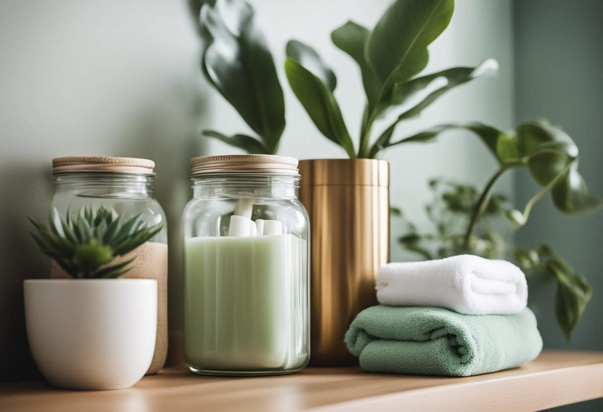 A neatly organized bathroom shelf with decorative jars, towels, and a potted plant