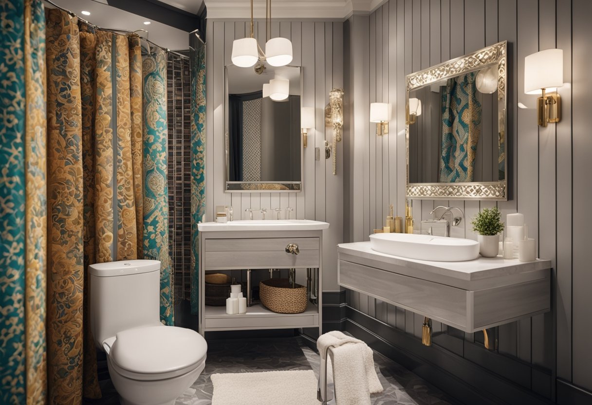 A bathroom adorned with decorative elements, including a patterned shower curtain, ornate mirror, and colorful towels