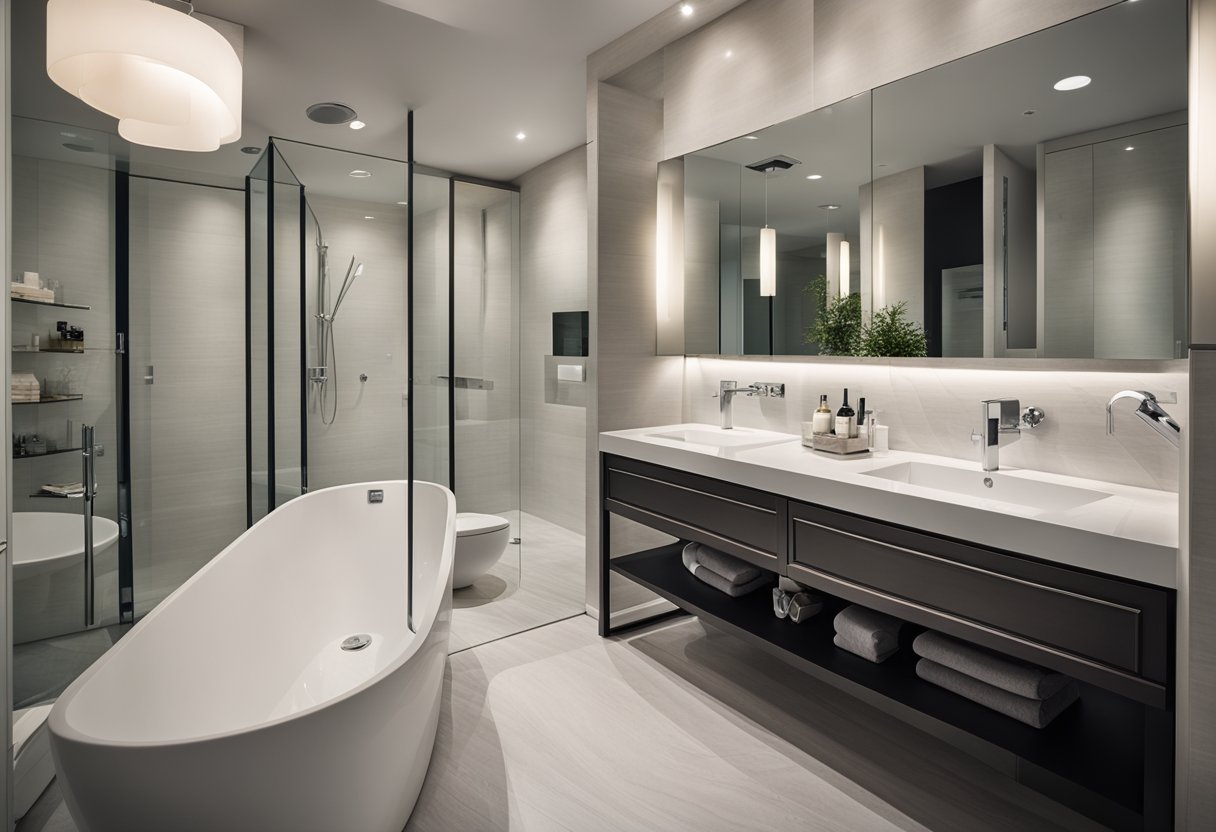 A modern bathroom with sleek, chrome accessories and minimalistic decor. The essentials are neatly organized, with a stylish mirror and coordinating accents