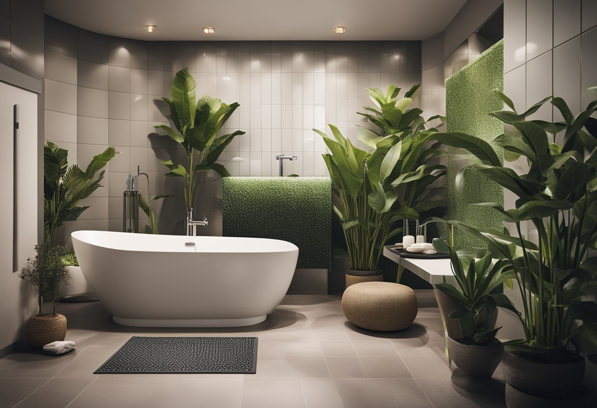 A bathroom with non-slip mats, grab bars, and soft lighting. Decor includes soothing colors, nature-themed art, and plants