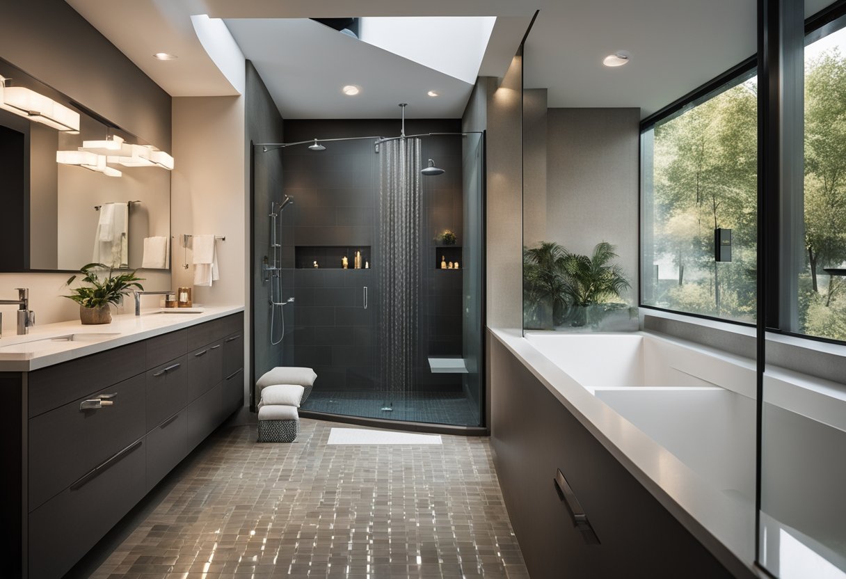 A spacious walk-in shower with sleek, modern design. Glass walls, rainfall showerhead, and minimalistic fixtures. Atmospheric lighting and luxurious tile work