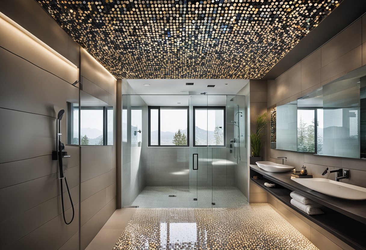 A modern, sleek walk-in shower with a rainfall showerhead, glass walls, and mosaic tile floor