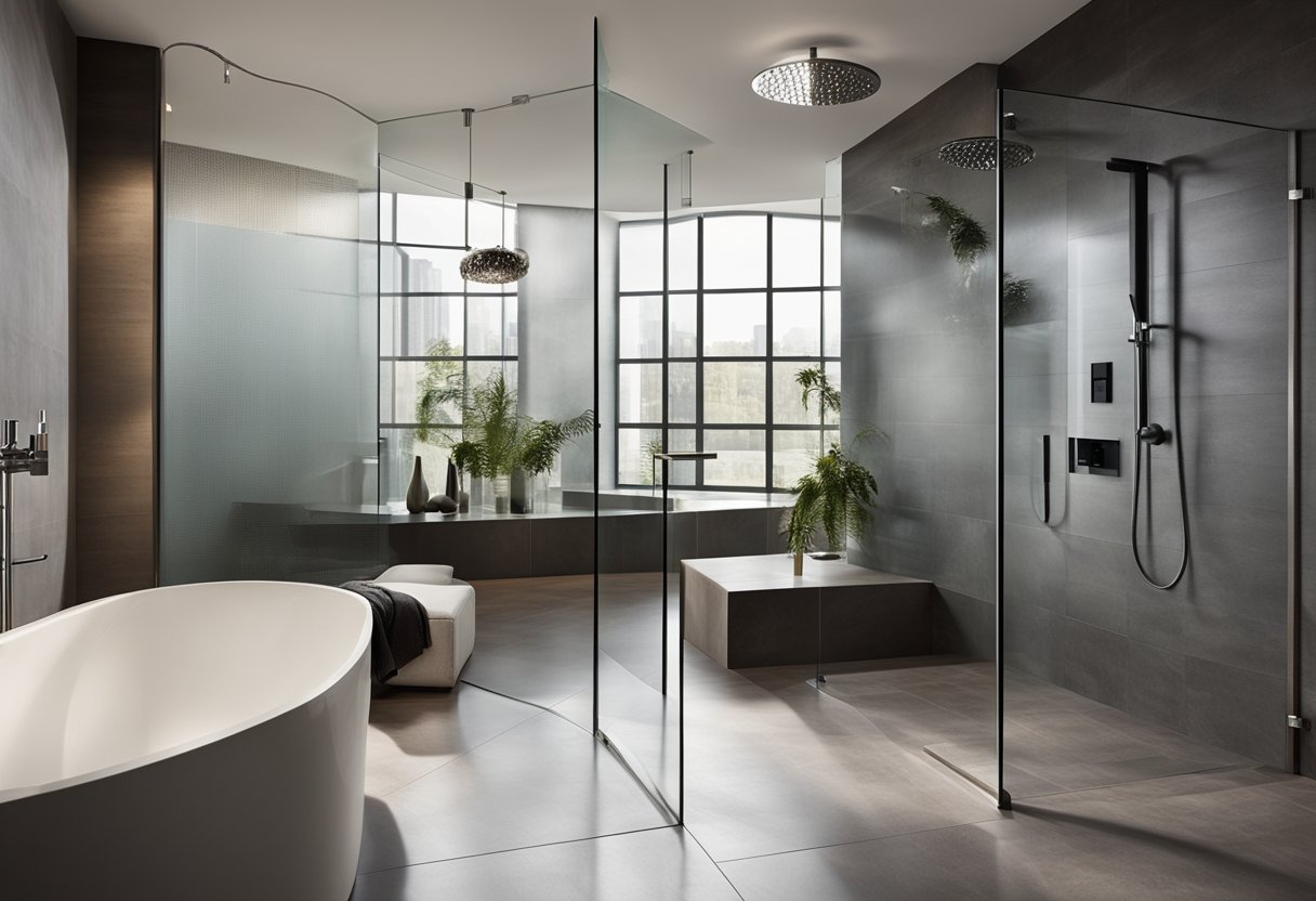 A spacious walk-in shower with sleek, modern design. Glass walls, rainfall showerhead, and built-in seating. LED lighting and smart water control