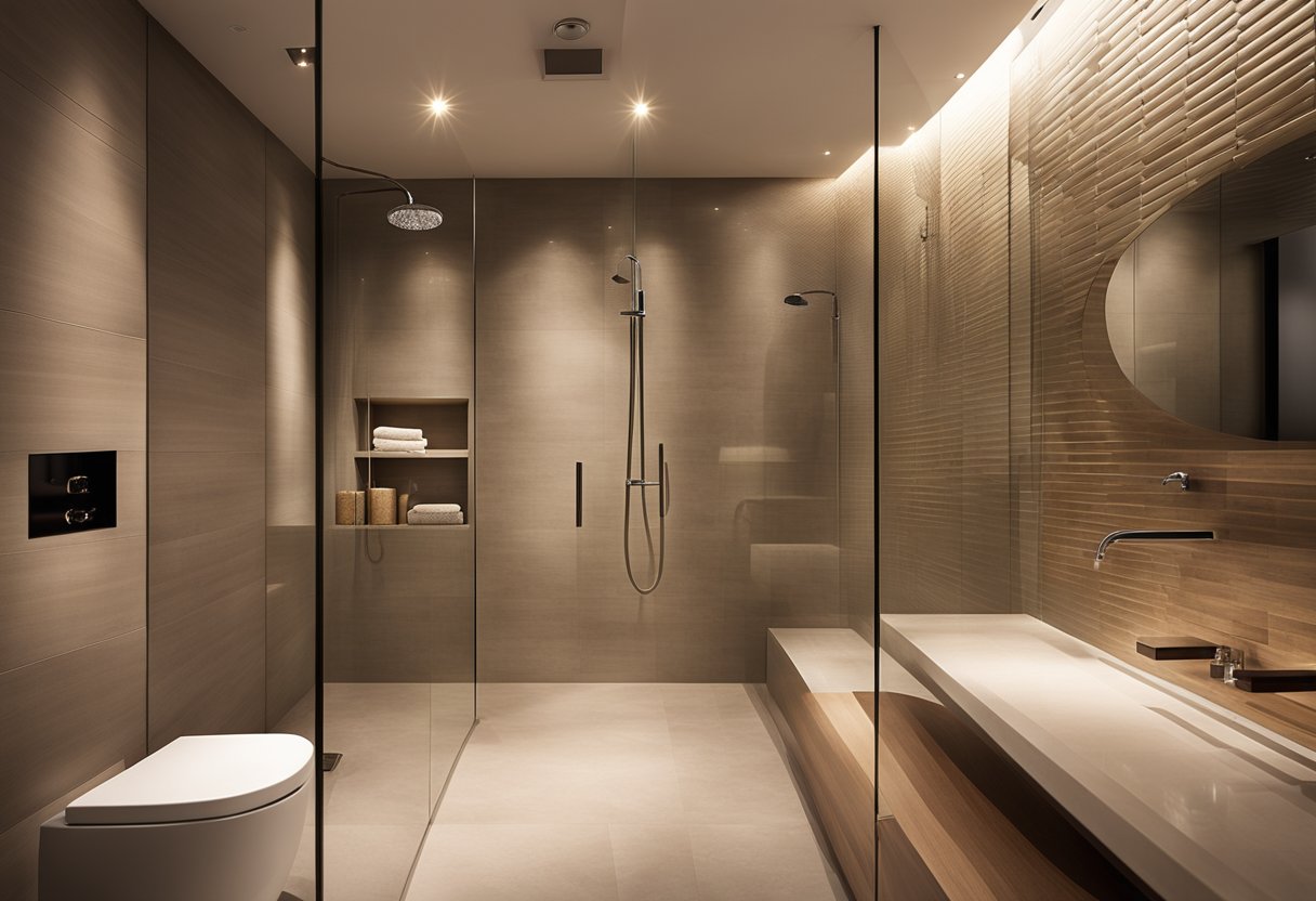 The walk-in shower is illuminated by soft, warm lighting, creating a serene and inviting ambiance. The sleek, modern design features a spacious shower area with luxurious fixtures and a stunning tile backdrop