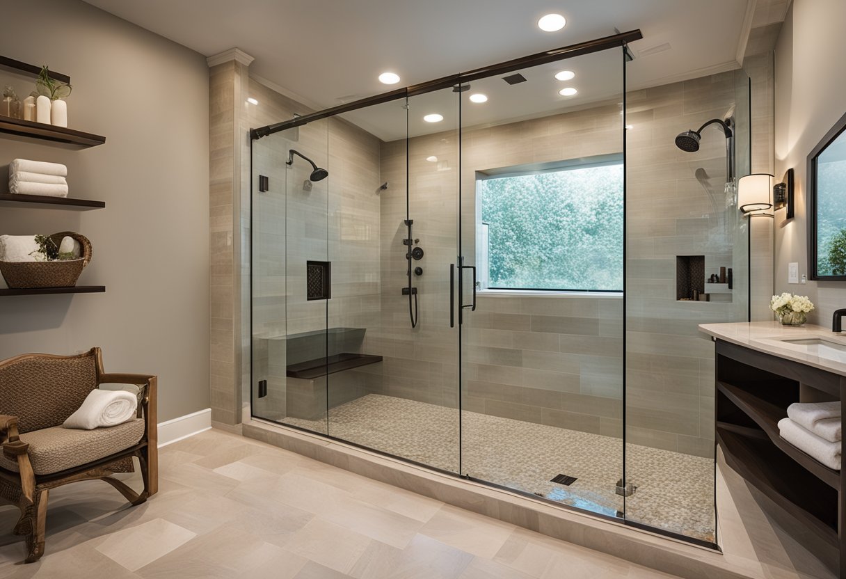 A luxurious walk-in shower with custom tile work, multiple shower heads, and built-in seating. A glass door and natural light create a spa-like atmosphere