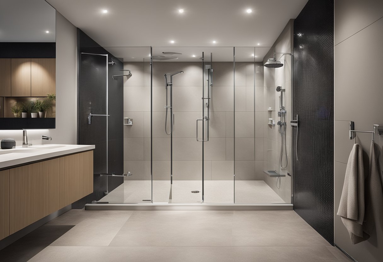 A modern, spacious walk-in shower with grab bars, non-slip flooring, and wide entrance for accessibility and safety