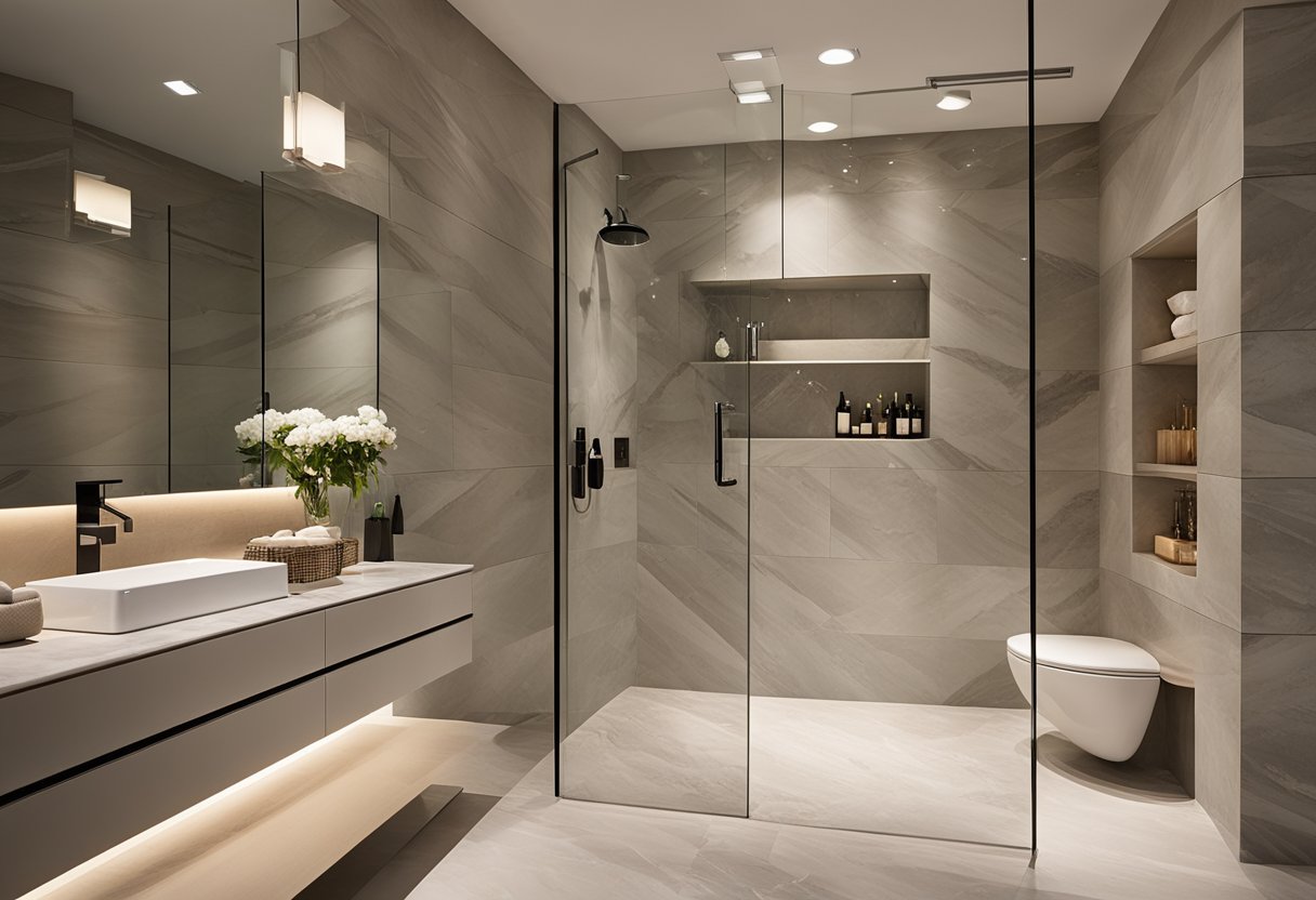 A sleek, modern walk-in shower with glass walls, rainfall showerhead, and luxurious marble tiling. A built-in bench and niche for bath products add functionality and style