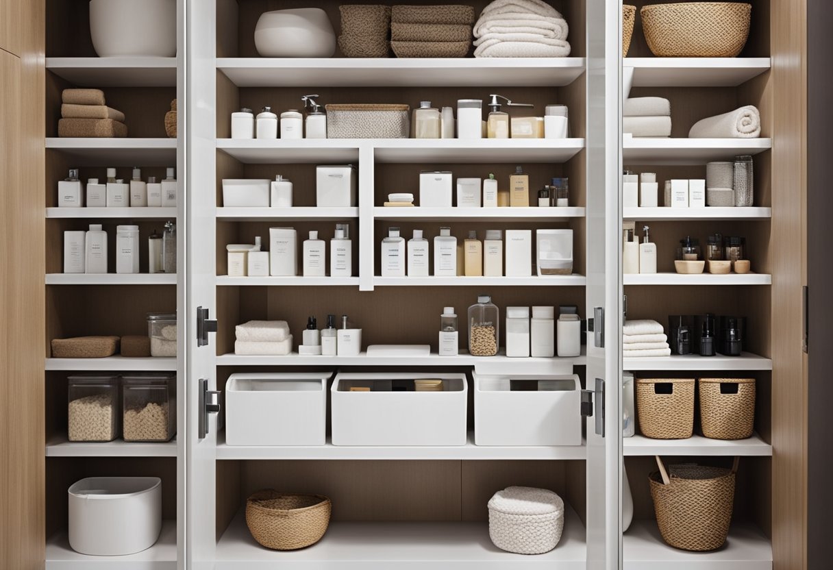 Bathroom cabinets neatly organized with labeled containers and baskets. Space-saving solutions utilized for efficient storage