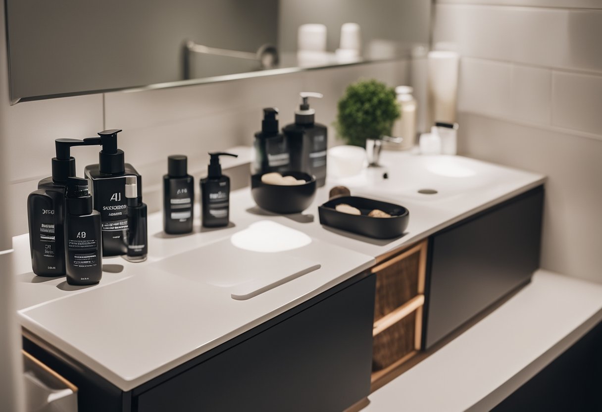 Bathroom cabinet with neatly arranged toiletries, labeled containers, and storage baskets. Clear countertops and organized shelves