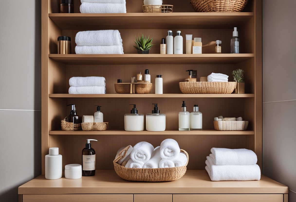 Bathroom cabinet shelves hold neatly folded towels and baskets of toiletries, maximizing vertical space