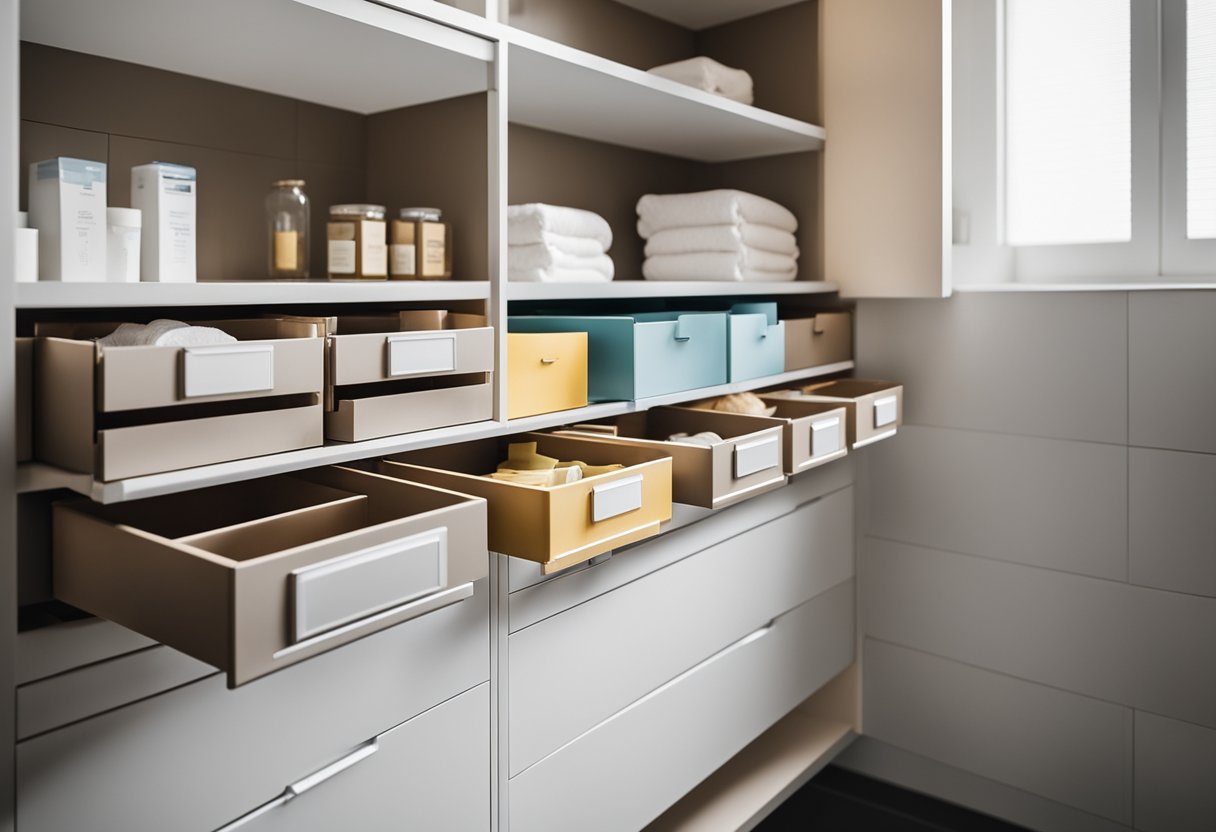 Bathroom cabinets neatly organized with labeled bins, stackable shelves, and pull-out drawers for efficient storage