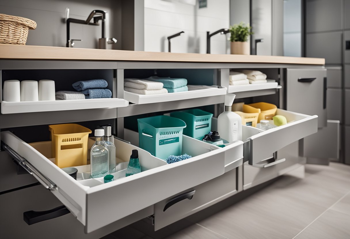 Under-sink storage with labeled bins, sliding drawers, and adjustable shelves. Hooks for hanging cleaning supplies. Neatly organized bathroom cabinet