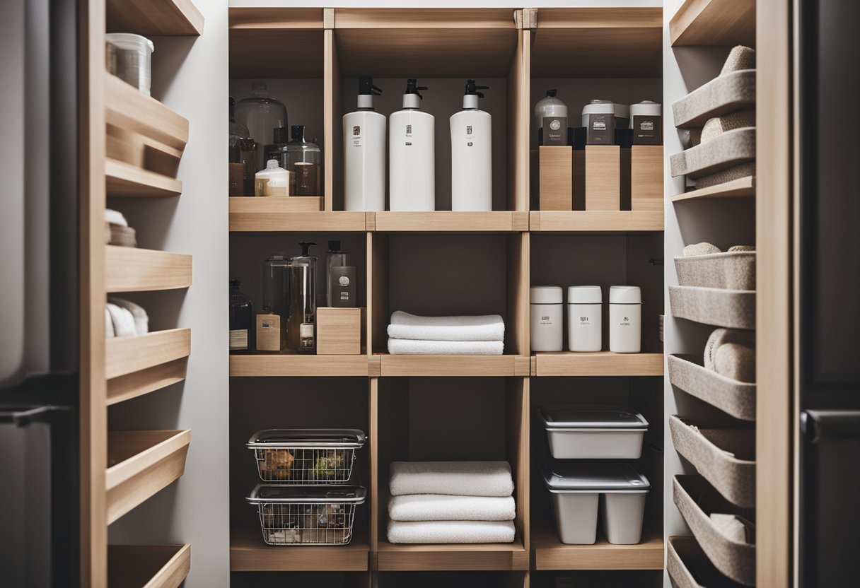 Bathroom cabinet with labeled bins, baskets, and shelves for efficient organization