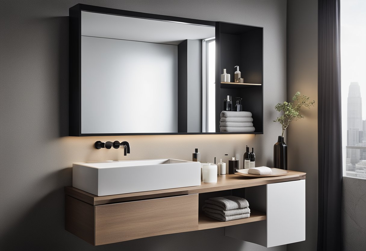 A sleek, modern bathroom with a large, rectangular mirror mounted above a clean, white sink. The mirror reflects the stylish and minimalist decor of the room