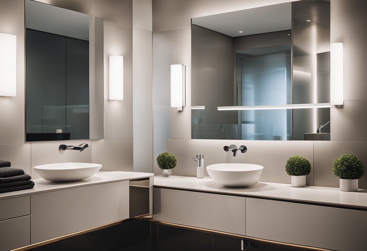 A modern bathroom with a sleek, frameless mirror reflecting contemporary fixtures and minimalist decor