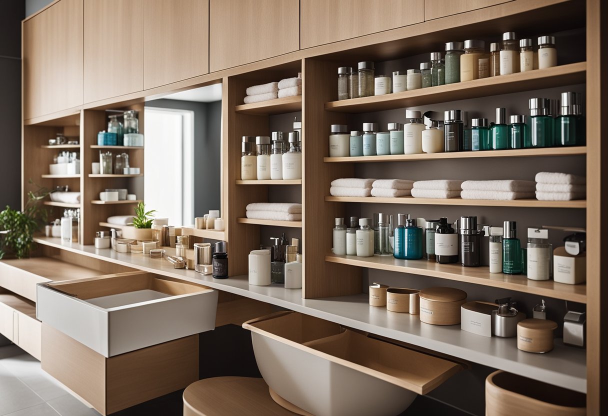 Bathroom cabinets neatly arranged with labeled containers and clever storage solutions