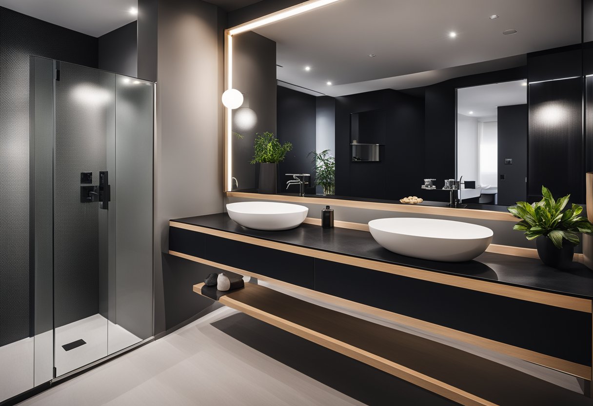 A sleek modern bathroom with a large mirror framed in black, reflecting a minimalist, yet stylish sink and vanity