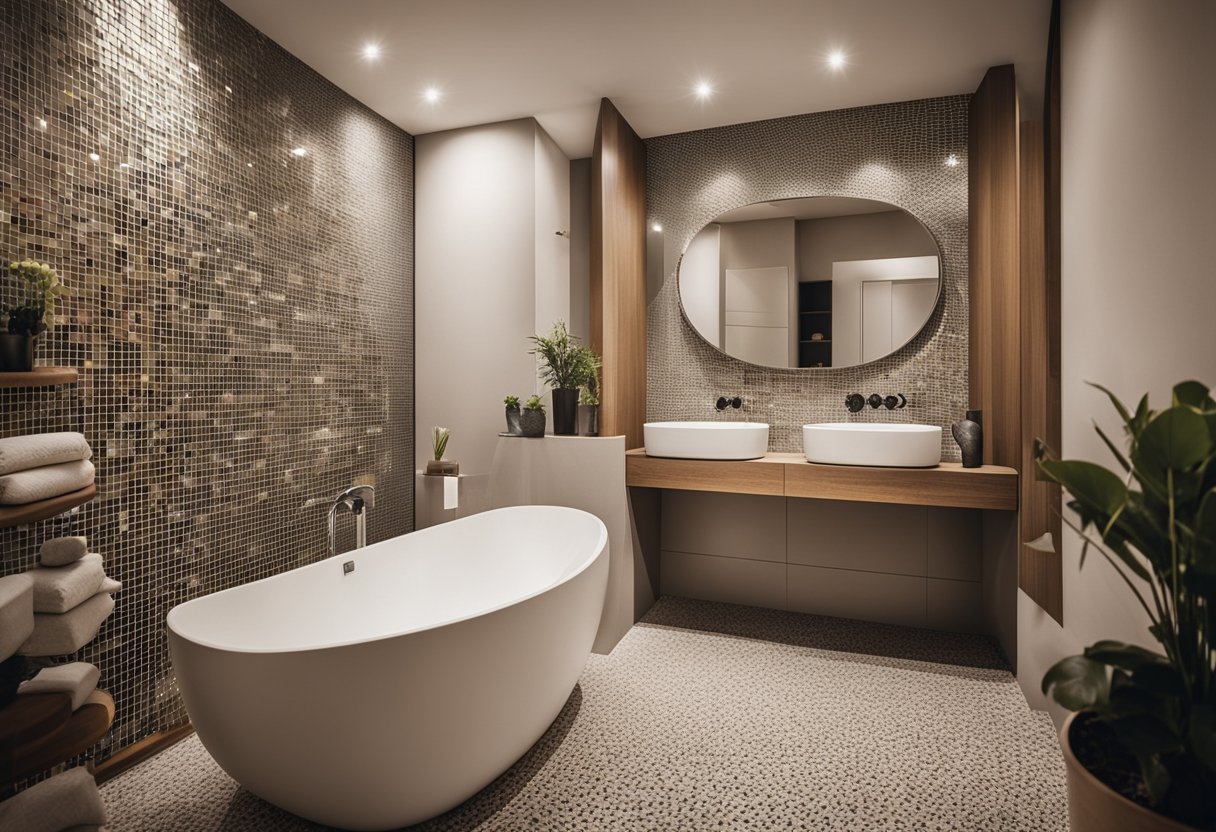 A modern bathroom with a uniquely shaped mirror, surrounded by decorative tiles and ambient lighting, reflecting the personal style of the homeowner