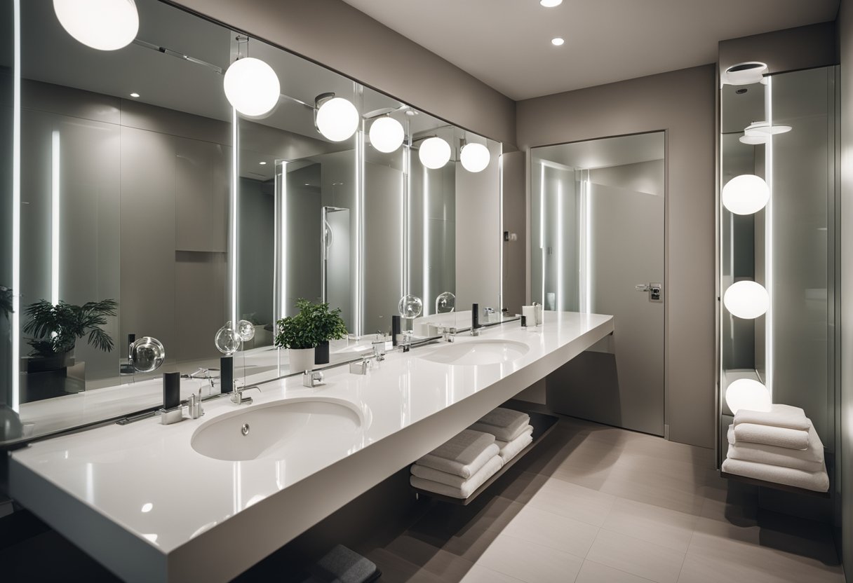 A bathroom with multiple mirrors reflecting various angles, creating a sense of spaciousness and elegance