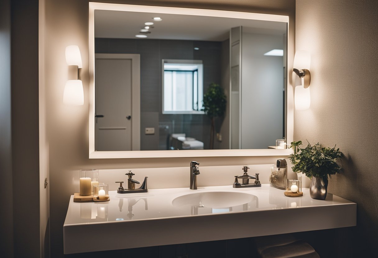 A bathroom mirror hanging on a wall, surrounded by decorative frames or lighting fixtures. The mirror reflects the stylish decor and personal touches of the room