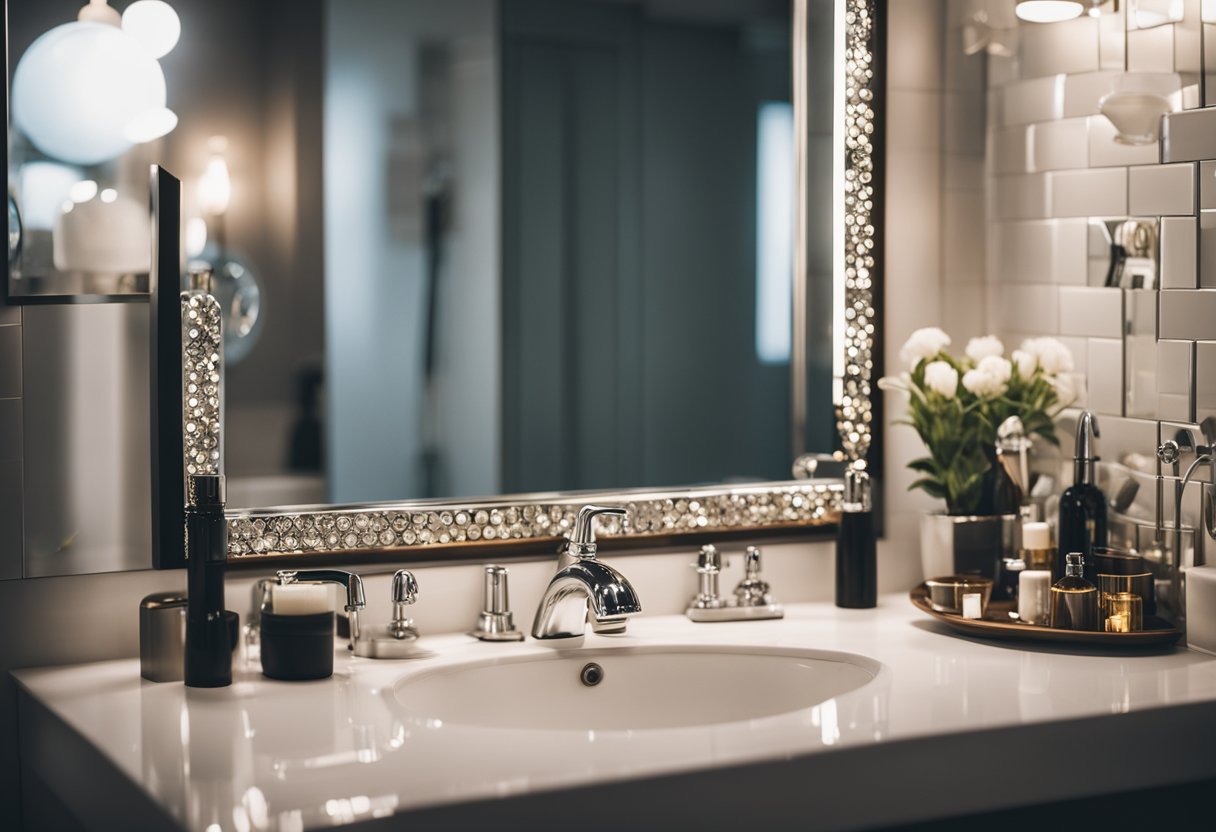 A bathroom mirror with unique frames and decorative accents reflects personal style and individuality