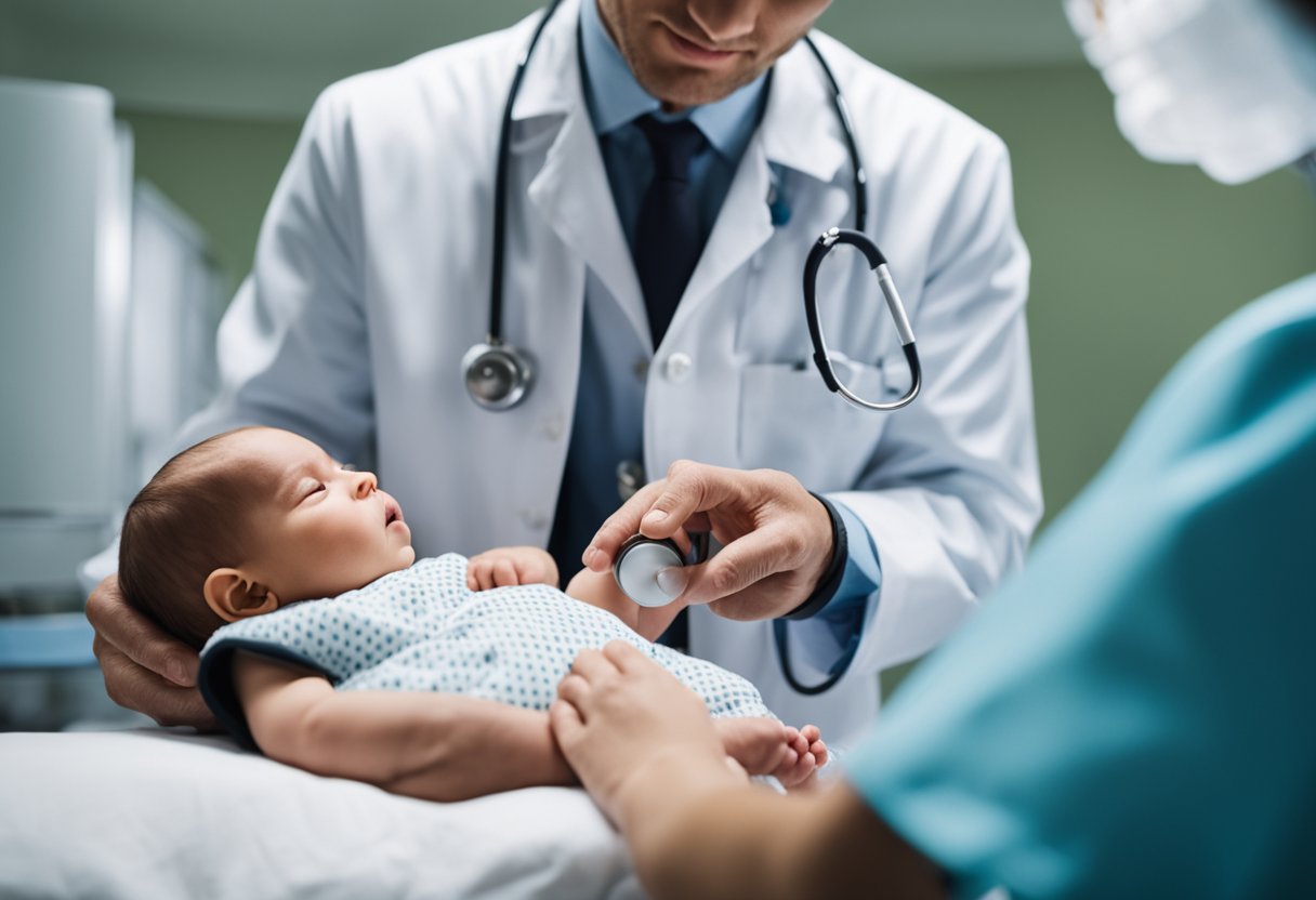 A doctor examines a newborn for rash, fever, and swollen liver, using a stethoscope and medical chart