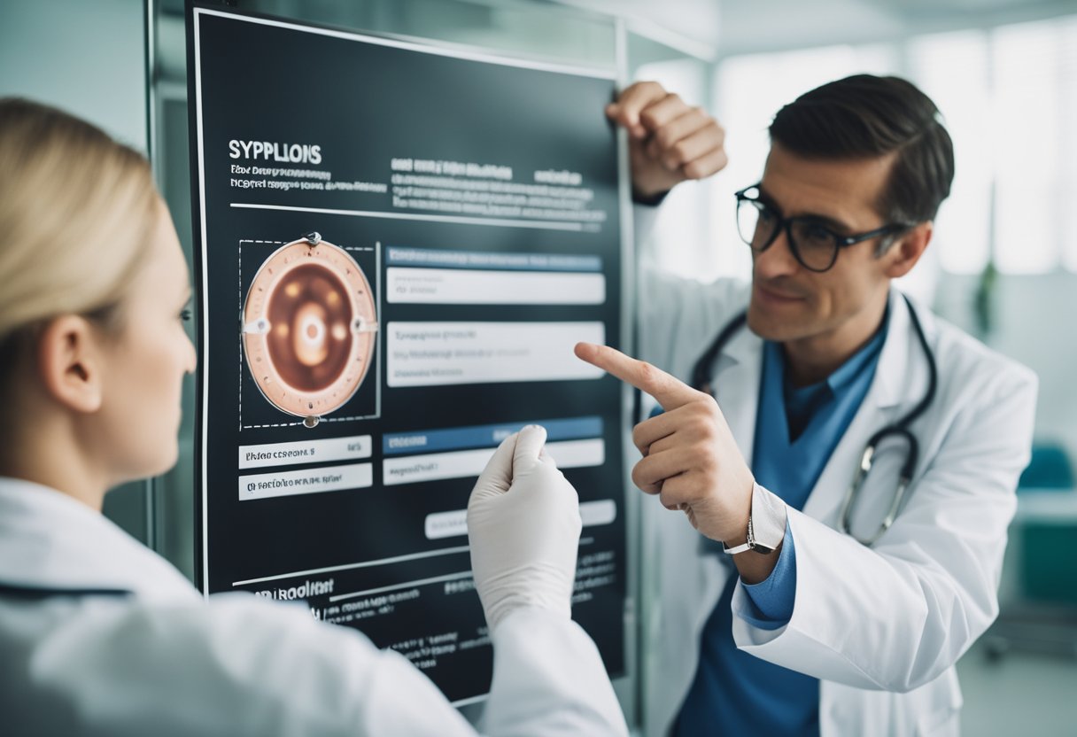 A doctor pointing to a poster showing symptoms of congenital syphilis, while a pregnant woman receives a blood test