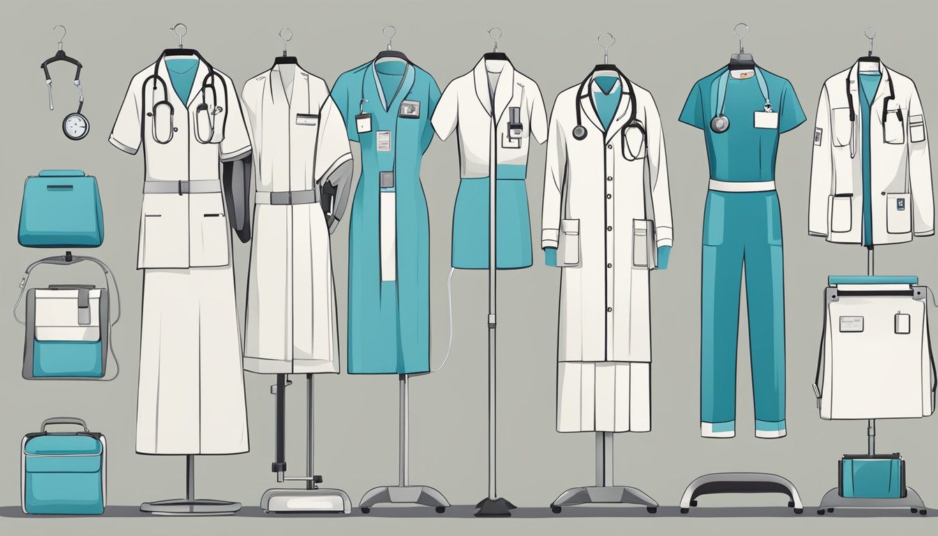 A variety of medical uniforms neatly displayed, representing different specializations