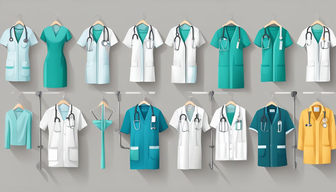 A variety of medical uniforms neatly arranged on hangers, representing different specializations