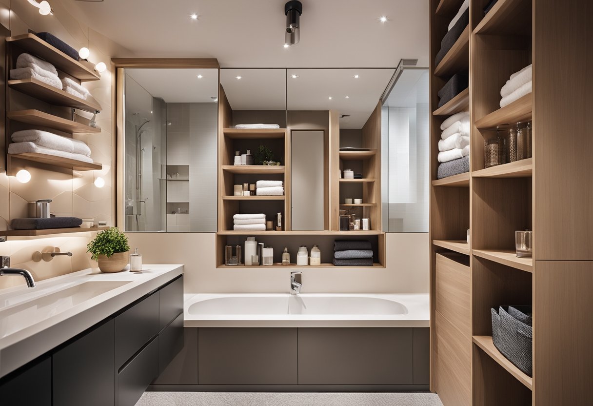 A compact bathroom with clever storage solutions under the sink. Shelves, baskets, and organizers maximize vertical space to reduce clutter