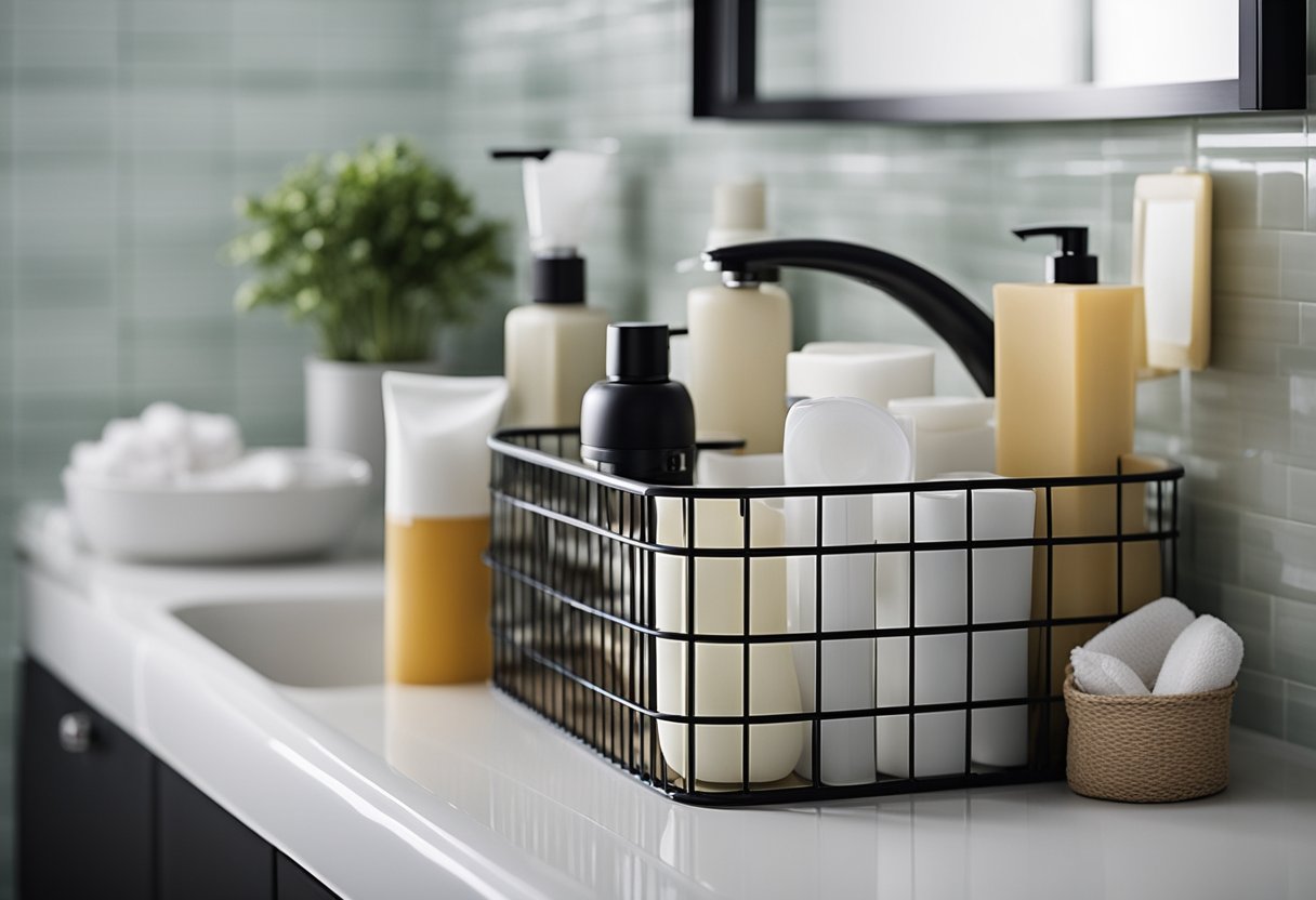 Tension rods hold up baskets under the bathroom sink, organizing toiletries and reducing clutter