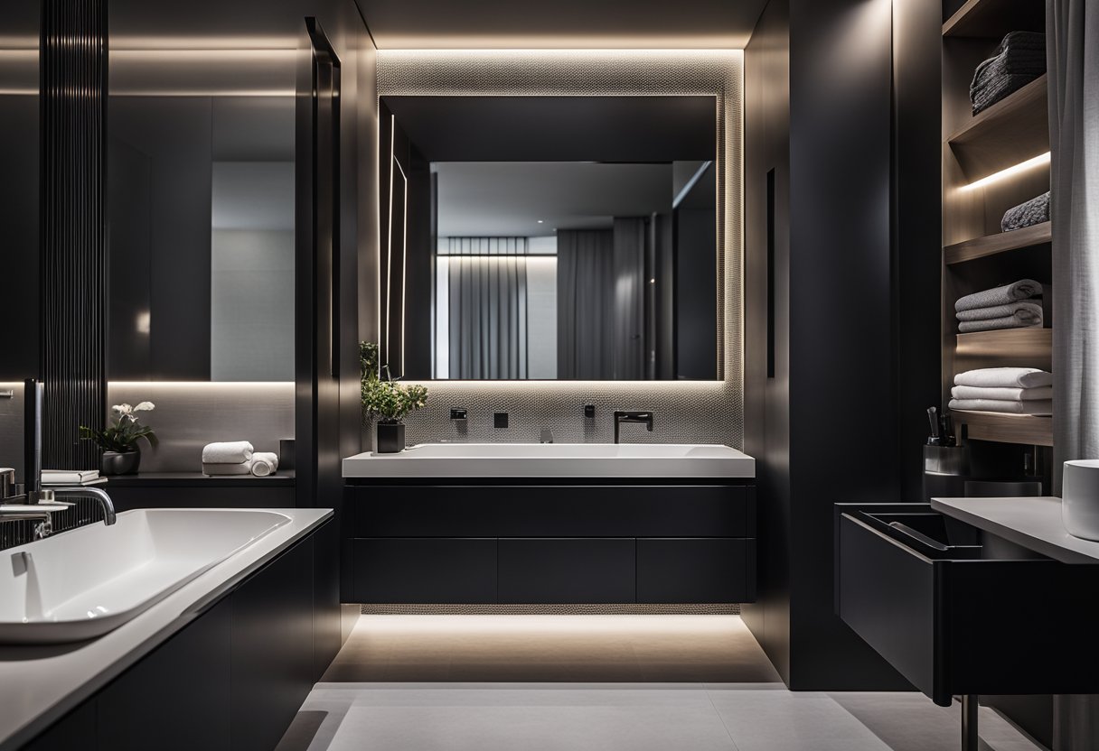 A sleek black bathroom with clean lines, minimalistic fixtures, and strategic lighting to create a sophisticated and modern atmosphere