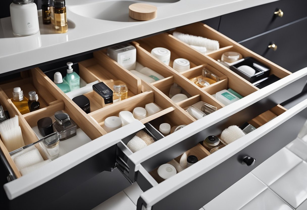 Drawer inserts organize toiletries, while under-sink storage maximizes space. clutter-free bathroom