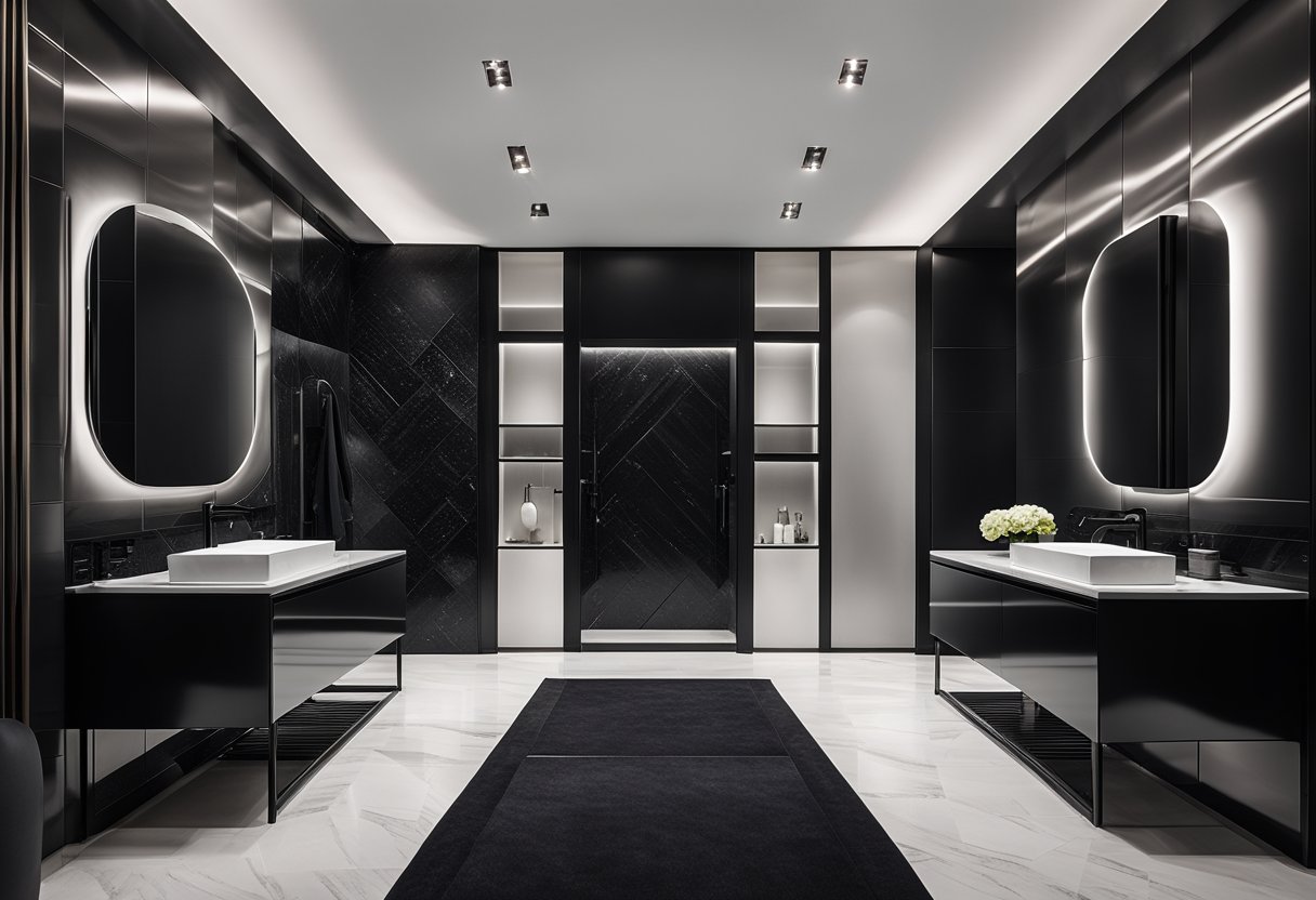 A sleek black bathroom with matte black fixtures and a glossy black accent wall. Silver accents add contrast and a touch of luxury