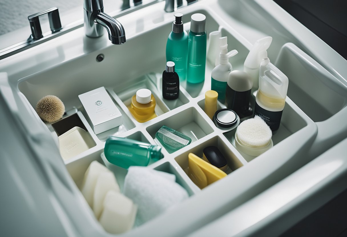 Underneath a bathroom sink, hidden compartments hold neatly organized toiletries and cleaning supplies, reducing clutter