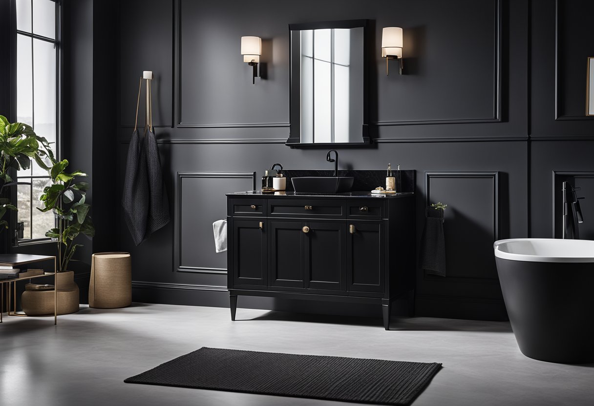 A sleek black bathroom with modern fixtures and fittings, featuring a black freestanding bathtub, a black vanity with a marble countertop, and matte black faucets and hardware