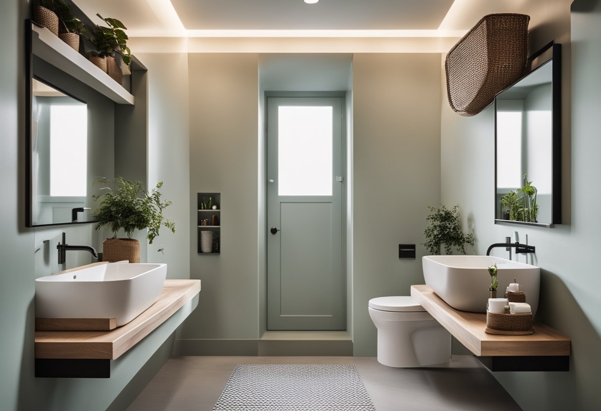 A bathroom wall with floating shelves and baskets under the sink for storage