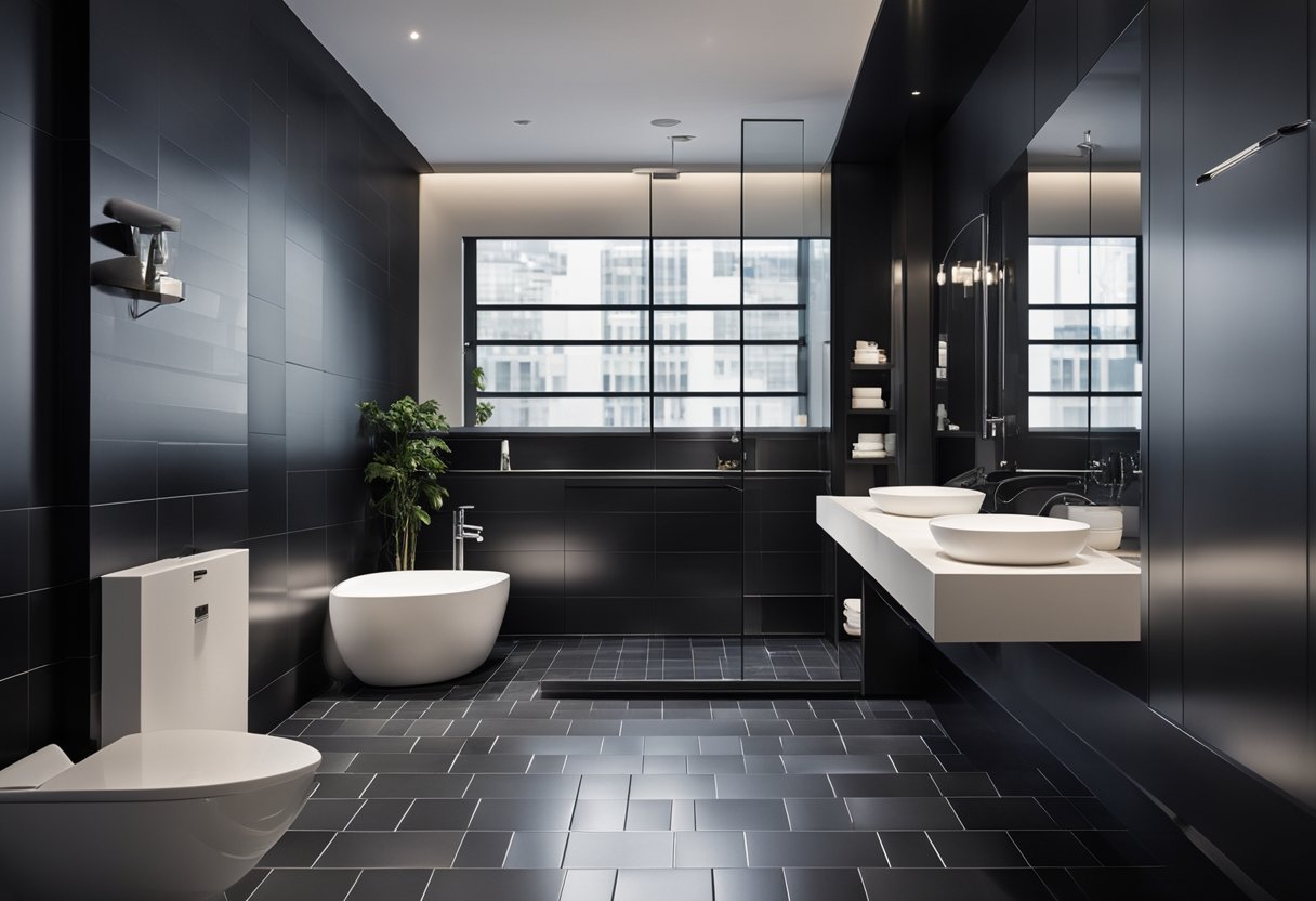 The bathroom features sleek black tiles on the floor and walls, creating a modern and sophisticated atmosphere