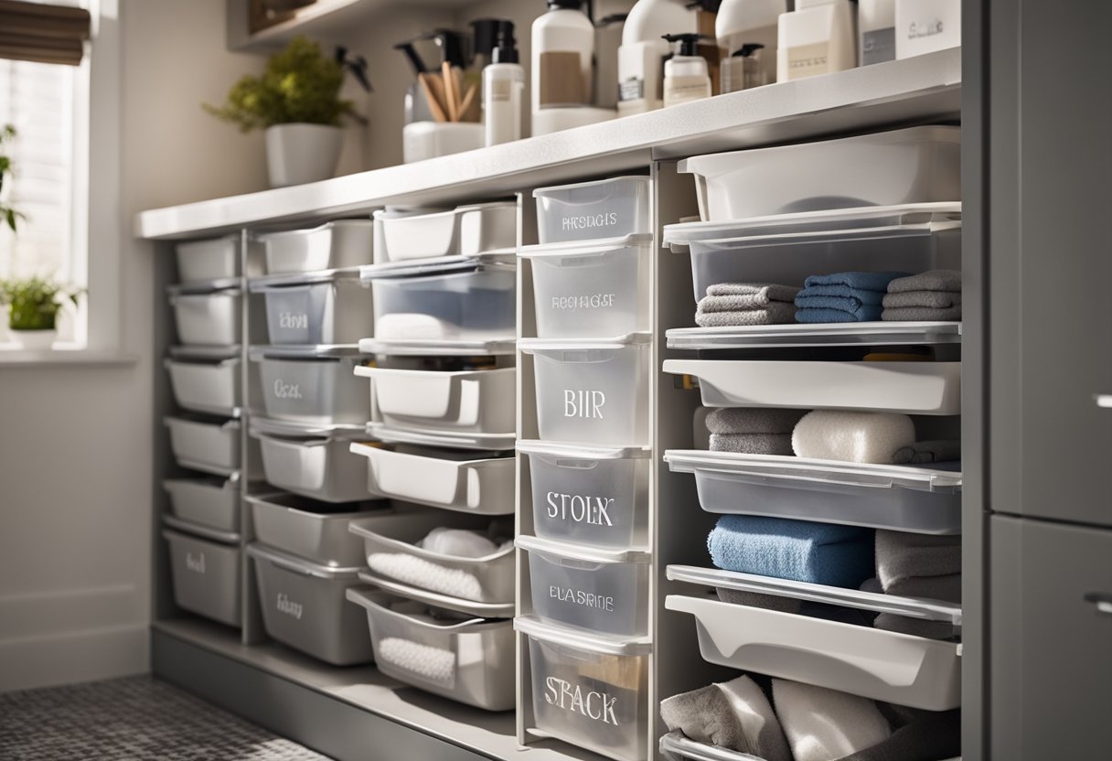 A tidy under-sink storage area with labeled bins and stackable drawers to organize bathroom supplies and reduce clutter