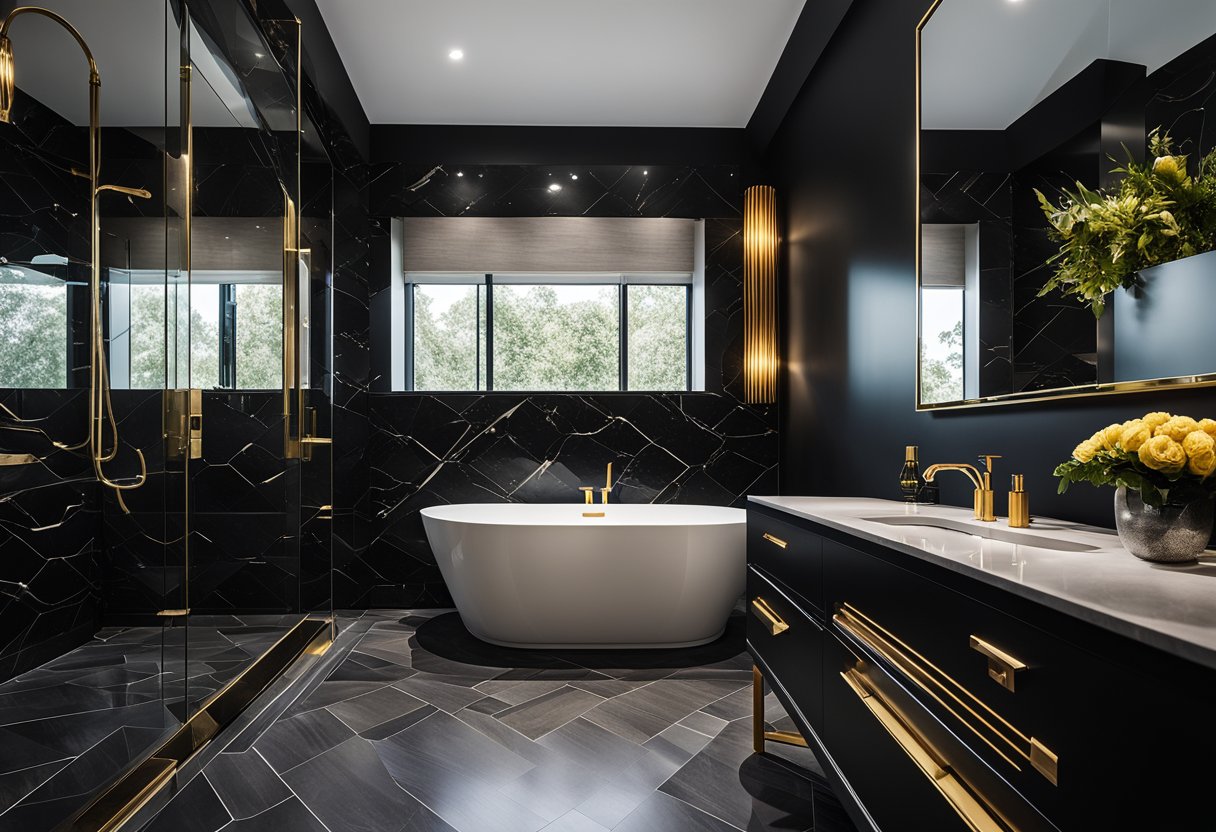 A sleek black bathroom with gold fixtures and accents. A freestanding tub sits against a dark tiled wall, while a modern vanity with a black marble countertop completes the look