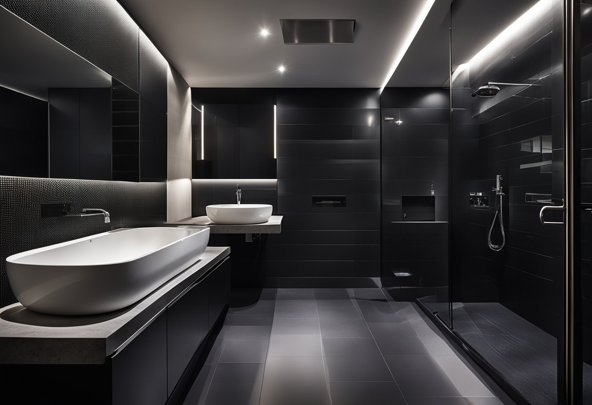 A sleek black bathroom with minimalist fixtures and dark tile. Clean lines, shiny surfaces, and strategic lighting create a modern and luxurious atmosphere