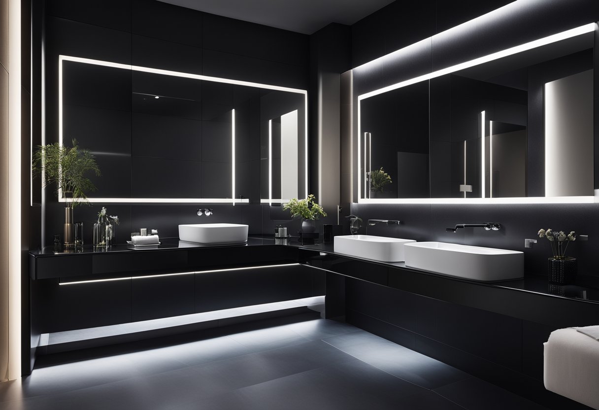 A sleek, black bathroom with high-tech fixtures and minimalist design. LED lighting, smart mirrors, and futuristic faucets create a modern, innovative space