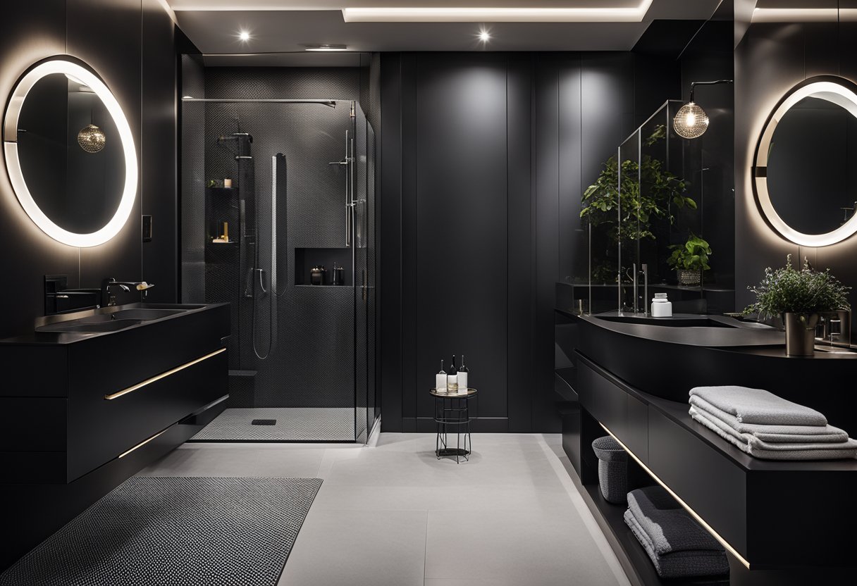 A sleek black bathroom with modern fixtures and minimalistic design. Reflective surfaces and bold accents create a sophisticated and stylish space